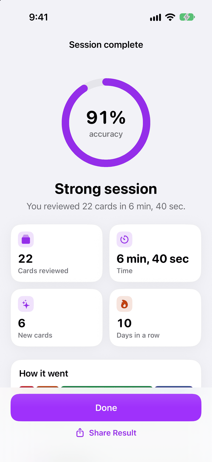 PsychRecall session summary at the end of a study session