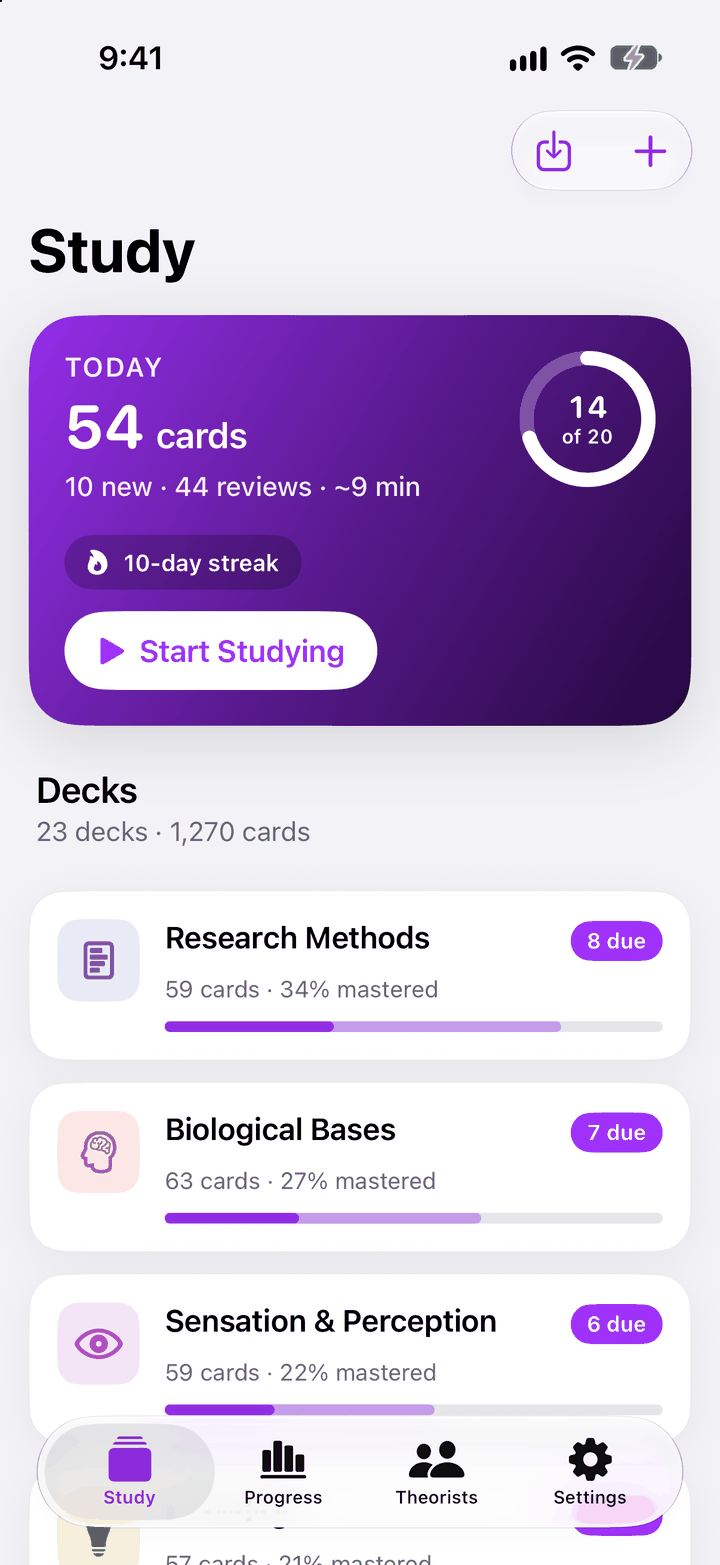 PsychRecall Today screen with the cards due, new cards, the study streak and progress toward the daily goal