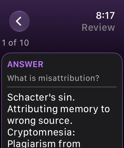 PsychRecall on Apple Watch reviewing a due card